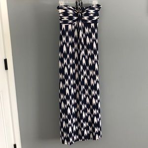 Blue, beach maxi dress with beaded halter tie.